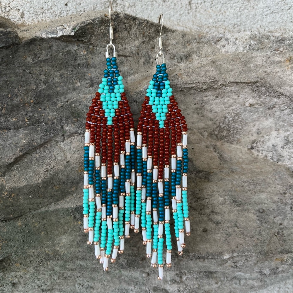 Handcrafted Beaded Earrings - Turquoise, Brown, and White
